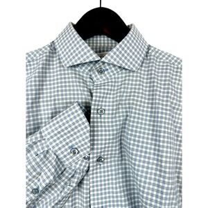 Lorenzo Uomo Mens Dress Shirt 15.5 32/33 Trim Fit Blue‎ Check Plaid Cotton Blend